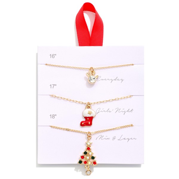 Set Of Three Chain Link Christmas Pendant Necklaces Featuring Rhinestone And Enamel Detailing
- Approximately 16" L - 18" L