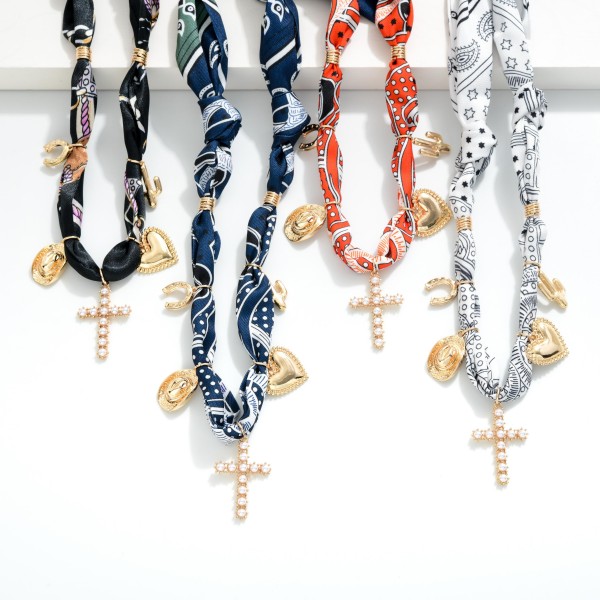 Bandana Necklace Featuring Pearls And Western Charms

- Approximately 20" L