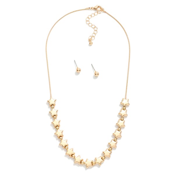 Snake Chain Necklace Featuring Metal Tone Stars 
- Metal Tone Stud Earrings Included 
- Approximately 16" L
- Extender 3" L