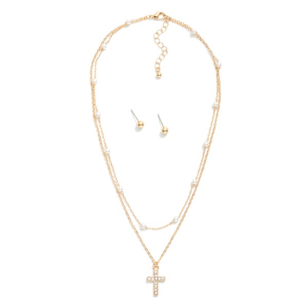 Chain Link Layered Necklace Featuring Pearl Stations & Rhinestone Cross Pendant

- Metal Tone Ball Studs Included 
- Approximately 16" L
- Extender 3" L 