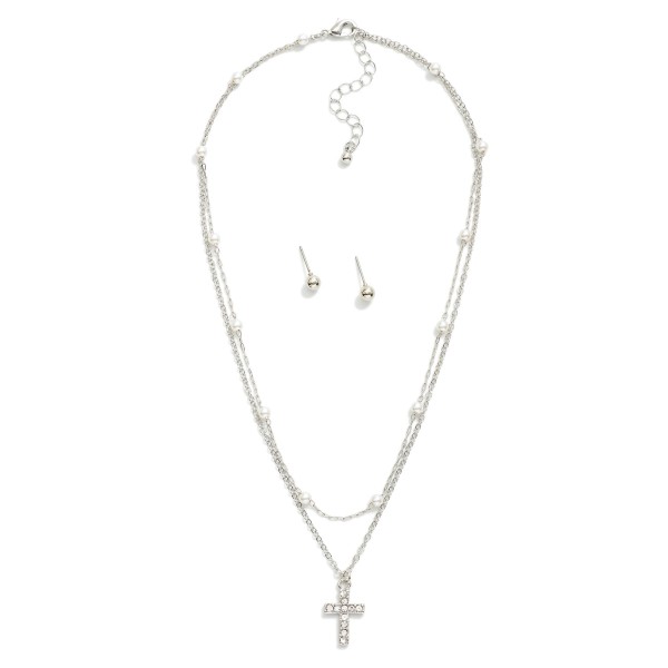 Chain Link Layered Necklace Featuring Pearl Stations & Rhinestone Cross Pendant
- Metal Tone Ball Studs Included 
- Approximately 16" L
- Extender 3" L