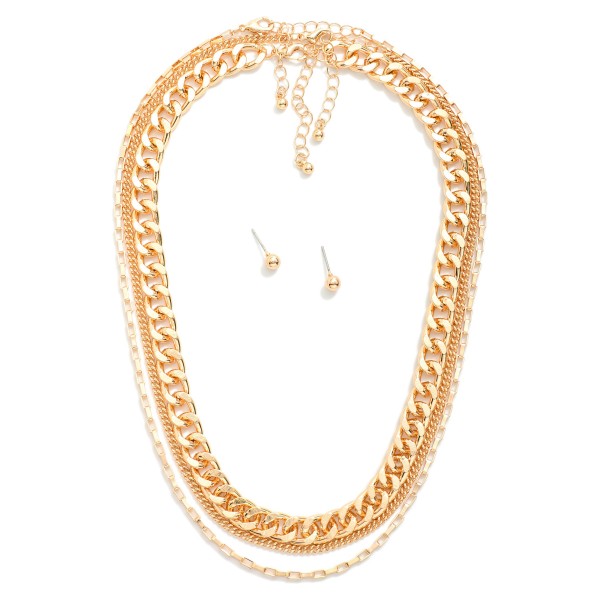 Layered Chain Link Necklace 
- Metal Tone Ball Studs Included 
- Approximately 16" L
- Extender 3" L