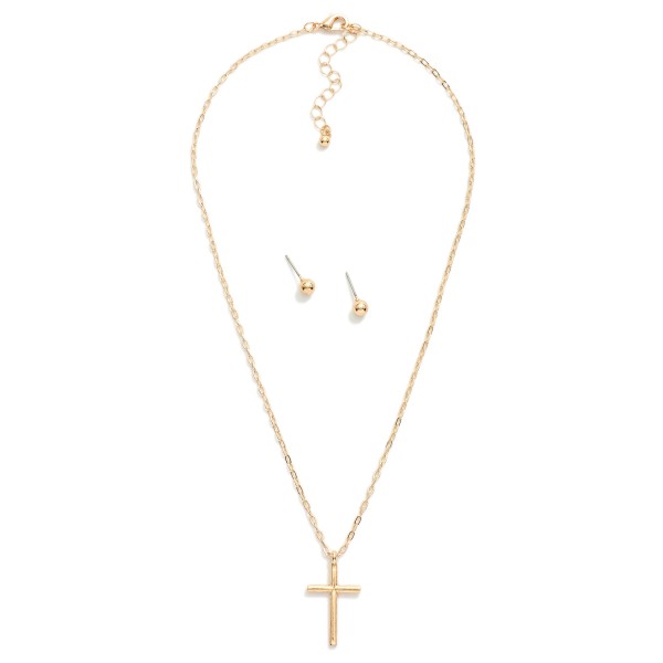 Metal Tone Chain Link Necklace Featuring Cross Pendant 
- Approximately 18" L 
- Extender 2" L 
- Metal Tone Stud Earrings Included