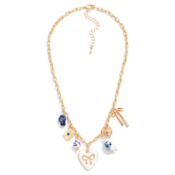 Chain Link Necklace Featuring Metal Tones & Porcelain Charms  

- Approximately 16" L
- Extender 3" L