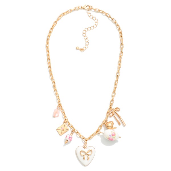 Chain Link Necklace Featuring Metal Tones & Porcelain Charms  
- Approximately 16" L
- Extender 3" L