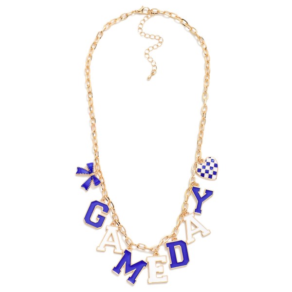 Chain Link Necklace Featuring "Game-day" Lettering Featuring Heart & Bow Pendant 

- Approximately 18" L 
- Extender 2" L 