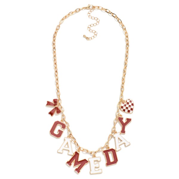 Chain Link Necklace Featuring "Game-day" Lettering Featuring Heart & Bow Pendant 

- Approximately 18" L 
- Extender 2" L 