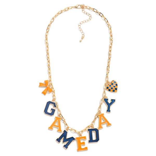 Chain Link Necklace Featuring "Game-day" Lettering Featuring Heart & Bow Pendant 

- Approximately 18" L 
- Extender 2" L 