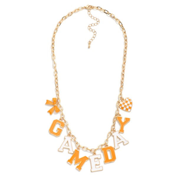 Chain Link Necklace Featuring "Game-day" Lettering Featuring Heart & Bow Pendant 

- Approximately 18" L 
- Extender 2" L 