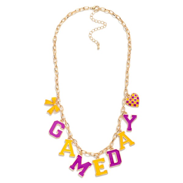 Chain Link Necklace Featuring "Game-day" Lettering Featuring Heart & Bow Pendant 

- Approximately 18" L 
- Extender 2" L 