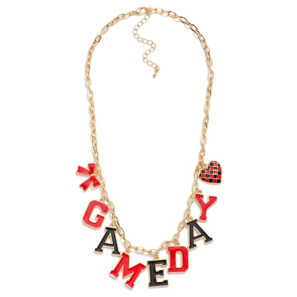 Chain Link Necklace Featuring "Game-day" Lettering Featuring Heart & Bow Pendant 

- Approximately 18" L 
- Extender 2" L 