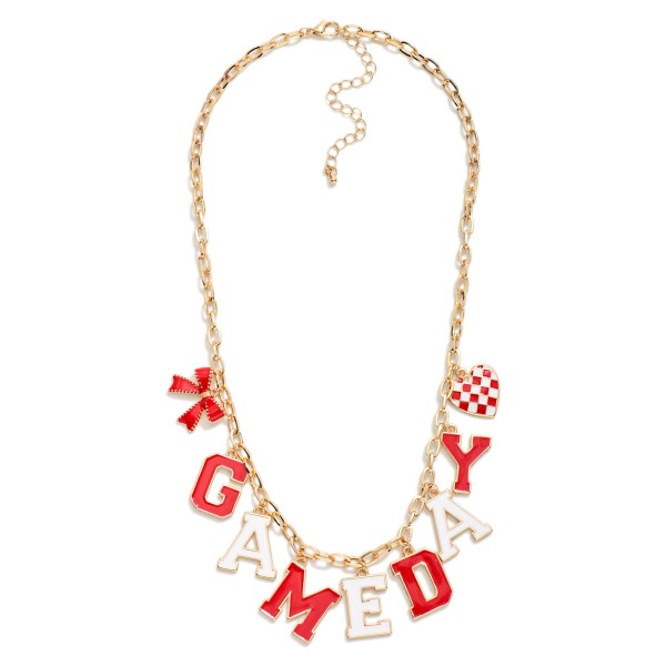 Chain Link Necklace Featuring "Game-day" Lettering Featuring Heart & Bow Pendant 

- Approximately 18" L 
- Extender 2" L 