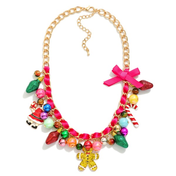 Chain Link Christmas Charm Necklace Featuring Glitter Gingerbread Man, Bows, & Colorful Beads

- Approximately 16" L
- Extender 2" L 