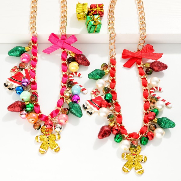 Chain Link Christmas Charm Necklace Featuring Glitter Gingerbread Man, Bows, & Colorful Beads

- Approximately 16" L
- Extender 2" L 