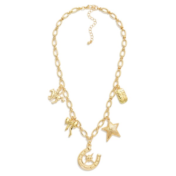 Chain Link Charm Necklace Featuring Metal Tone Western Charms 

- Approximately 16" L
- Extender 2" L