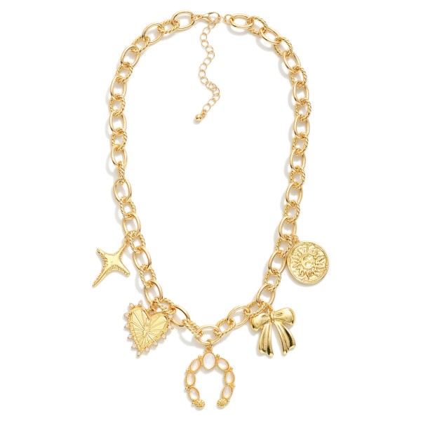Chain Link Charm Necklace Featuring Twisted Links & Metal Tone Charms 

- Approximately 16" L
- Extender 2" L