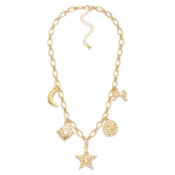 Chain Link Necklace Featuring Metal Tone Charms 

- Approximately 16" L
- Extender 3" L