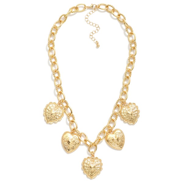 Chain Link Charm Necklace Featuring Metal Tone Heart Charms 
- Approximately 16" L
- Extender 3" L