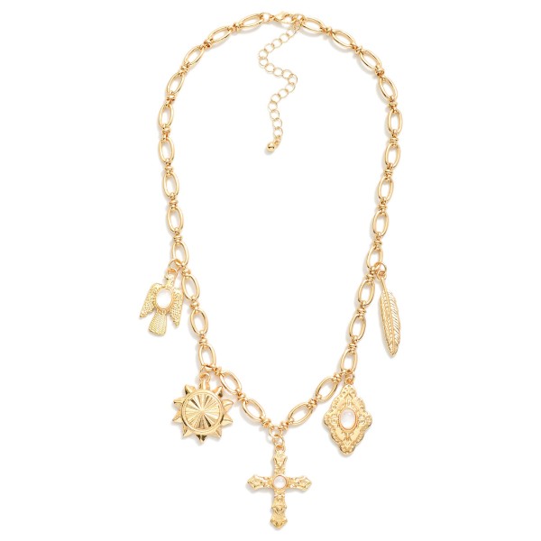 Chain Link Necklace Featuring Metal Tone Charms 
- Approximately 16" L
- Extender 3" L