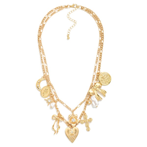 Layered Chain Link Necklace Featuring Twisted Links & Metal Tone Charms 

- Approximately 16" L
- Extender 3" L