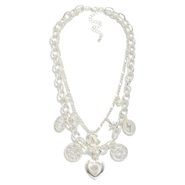 Layered Chain Link Necklace Featuring Metal Tone Charms 

- Approximately 16" L
- Extender 3" L