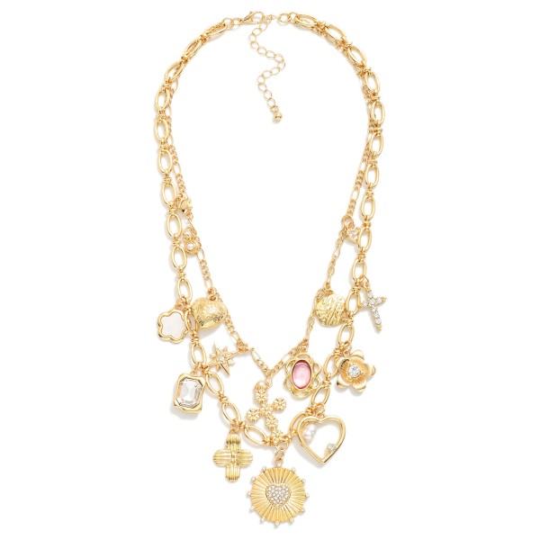 Layered Chain Link Necklace Featuring Metal Tone, Rhinestone, & Pearl Charms 
- Approximately 16" L
- Extender 3" L