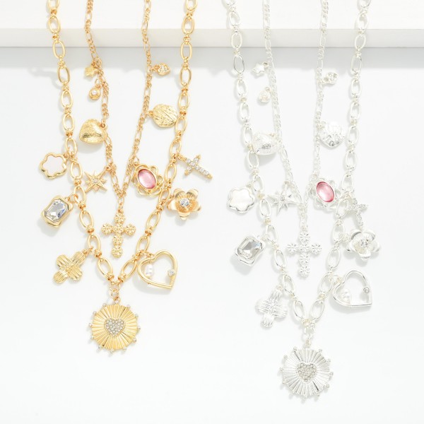 Layered Chain Link Necklace Featuring Metal Tone, Rhinestone, & Pearl Charms 

- Approximately 16" L
- Extender 3" L