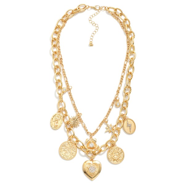 Layered Chain Link Necklace Featuring Twisted Links & Metal Tone Charms 

- Approximately 16" L
- Extender 3" L