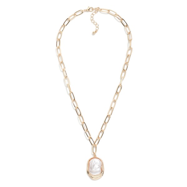 Paper Clip Chain Link Necklace Featuring Pearl Pendant 
- Approximately 9" L
