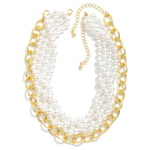 Layered Pearl Beaded Necklace Featuring Chain Link Accent 

- Approximately 16" L
- Extender 2" L