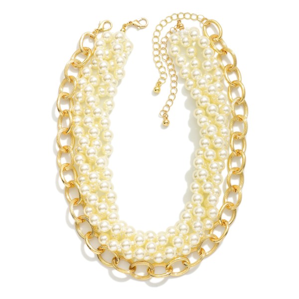 Layered Pearl Beaded Necklace Featuring Chain Link Accent 

- Approximately 16" L
- Extender 2" L