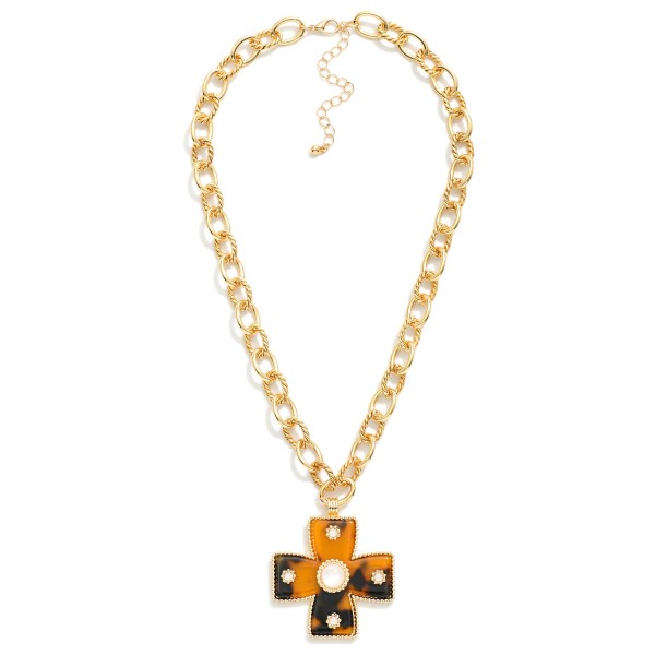 Chain Link Necklace Featuring Twisted Links & Acetate Plus Cross Pendant
- Approximately 16" L
- Extender 3" L