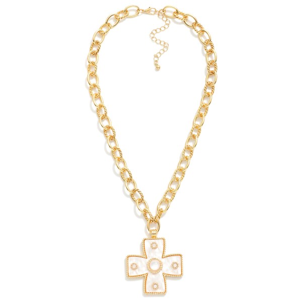 Chain Link Necklace Featuring Twisted Links & Acetate Plus Cross Pendant
- Approximately 16" L
- Extender 3" L