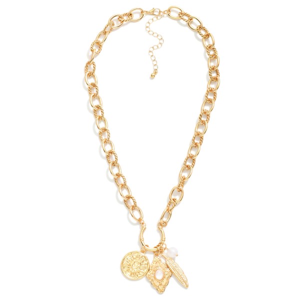 Chain Link Necklace Featuring Twisted Links & Metal Tone Pendants 

- Approximately 16" L
- Extender 3" L