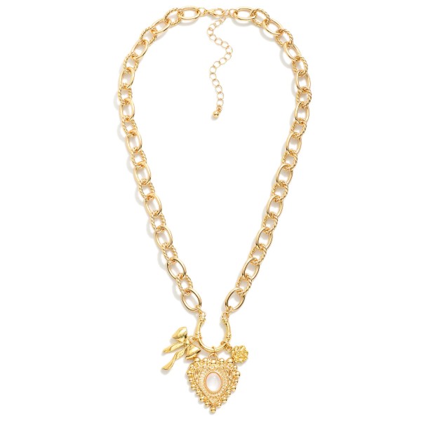 Chain Link Charm Necklace Featuring Twisted Metal Links, Bow, & Heart Charms 

- Approximately 16" L
- Extender 2" L
