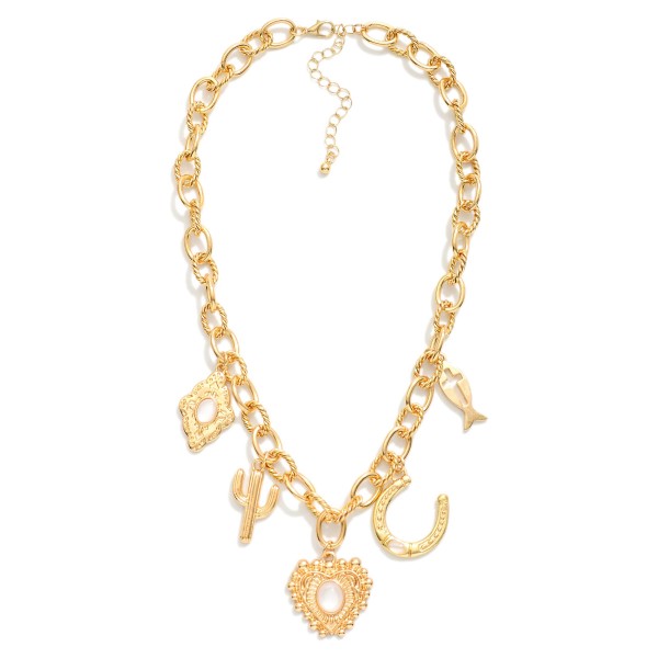 Chain Link Charm Necklace Featuring Twisted Metal Links & Metal Tone Heart Charms 

- Approximately 16" L
- Extender 3" L