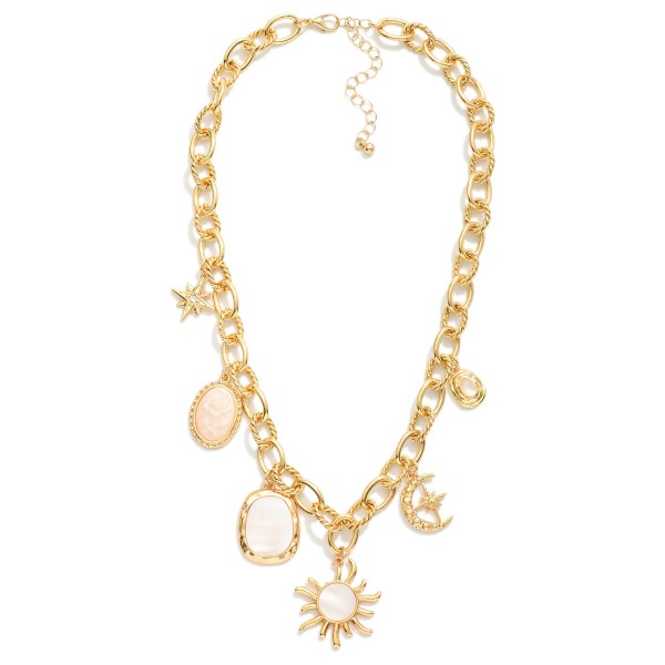 Layered Chain Link Necklace Featuring Twisted Links, Metal Tone, & Pearl Charms 

- Approximately 16" L
- Extender 3" L