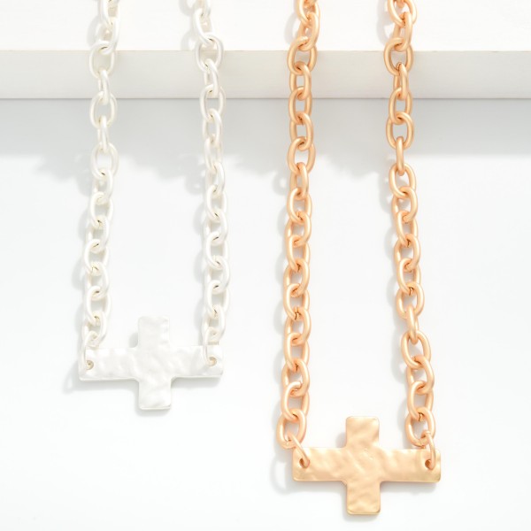 Chain Link Necklace Featuring Hammered Cross Pendant 

- Approximately 14" L