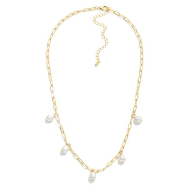Matte Metal Paperclip Chain Link Necklace Featuring Pearl Charms 

- Approximately 16" L
- Extender 3" L