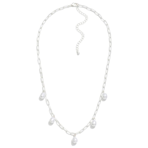 Matte Metal Paperclip Chain Link Necklace Featuring Pearl Charms 

- Approximately 16" L
- Extender 3" L