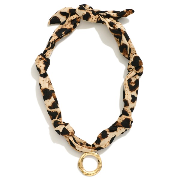 Leopard Bandana necklace Featuring Gold Tone Textured Circle Pendent 