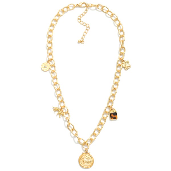 Chain Link Necklace Featuring Metal Tones & Tortoise Shell Charms 
- Approximately 14" L
- Extender 3" L