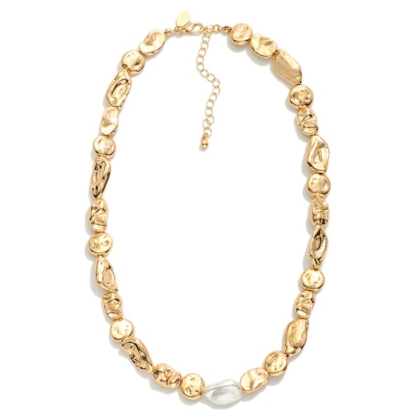 Chunky Barque Metal Tone Beaded Chain Necklace With Pearl Accents 

- Approximately 16" L 
- Extender 3" L 