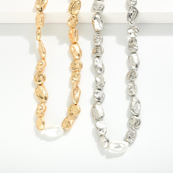 Chunky Barque Metal Tone Beaded Chain Necklace With Pearl Accents 

- Approximately 16" L 
- Extender 3" L 