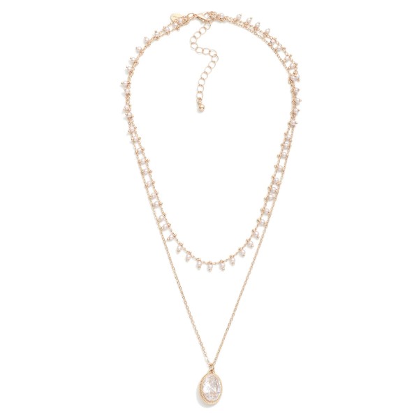 Layered Chain Link Necklace Featuring Pearls & Rhinestone Pendent  

- Approximately 18" L
- Extender 2" L

