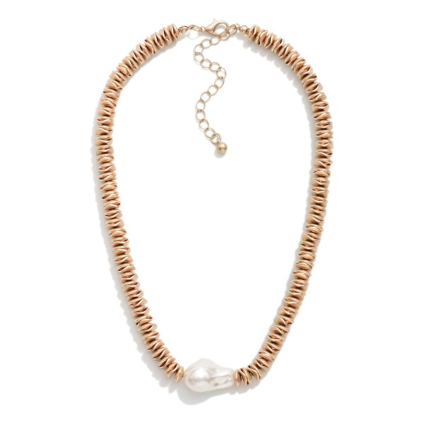 Metal Tone Beaded Necklace Featuring Disc Beads, Wavy Disc Beads & Baroque Pearl Pendent 

- Approximately 14" L 