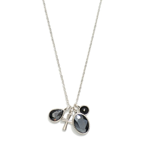 Metal Tone Chain Link Necklace Featuring Glass Crystals & Cross Pendent 

- Approximately 20" L 
- Extender 3" L 