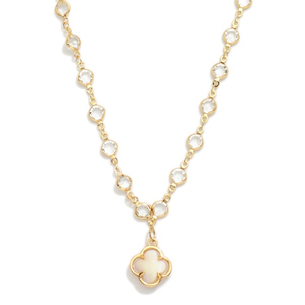 Chain Link Necklace With Glass Crystal Stations Featuring Clover Pendent 

- Approximately 18" L 
- Extender 2" L 