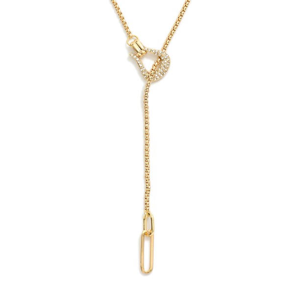 Box Chain Y Necklace Featuring Rhinestone Buckle Detail 

- Approximately 14" L
- Extender 3" L