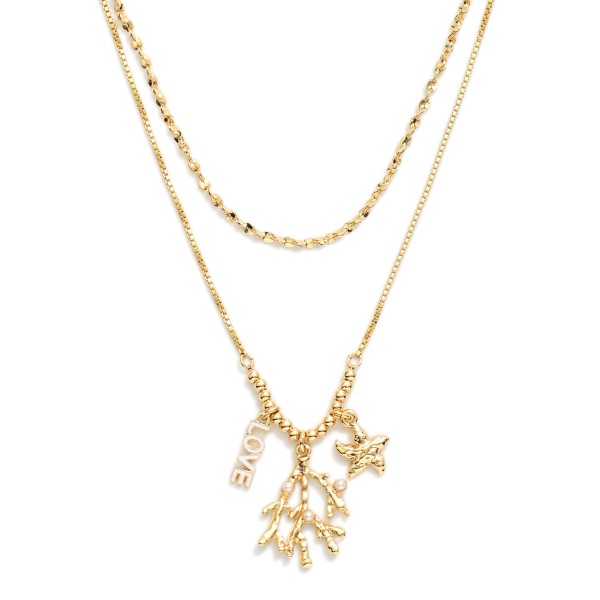 Layered Chain Link Necklace Featuring Enamel "Love" & Beach Charms 

- Approximately 14" L
- Extender 3" L